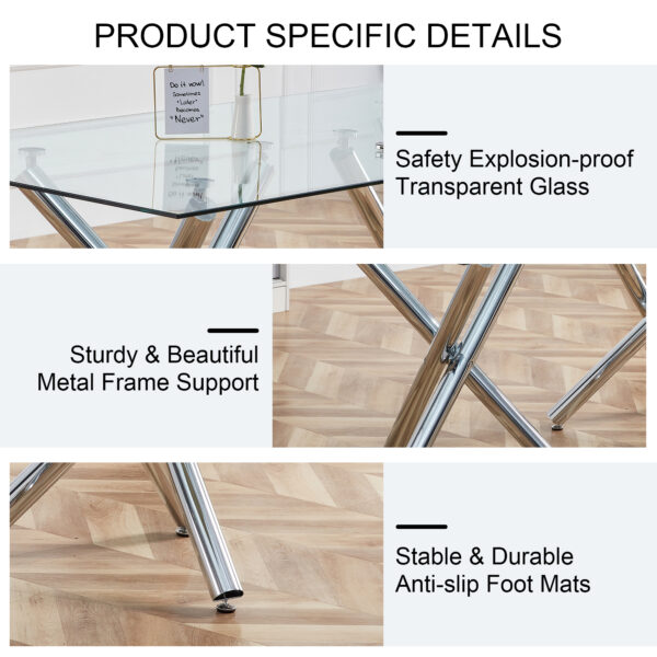 91928d0ec8134a6d8d0add2dd9d442e8_beb157f498ee208b46b3e7369f1e5d73 Large Modern Rectangular Glass Dining Table for 6-8 with 0.39" Tempered Glass Tabletop and Silver Chrome Metal Legs, for Kitchen.Tempered Glass Tabletop,Double Fork Metal Legs.W1151S03321
