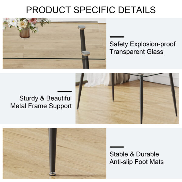 Modern minimalist rectangular transparent tempered glass dining table, 0.4 inches thick, black metal legs, suitable for kitchen, dining room, and living room 63 "* 35.4" * 30 " DT-1544