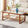 Modern simple rectangle double-layer Walnut color solid wood Glass desktop tea table rattan woven Chinese side table small rectangle table suitable for living room, dining room and bedroom