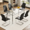 Table and chair set.71 * 35.4 inch rectangular dining table.Tempered Glass Tabletop,Silver 7-shaped Metal Table Legs.Paried With 6 Black High-quality PU Chairs With Arched Metal Legs.