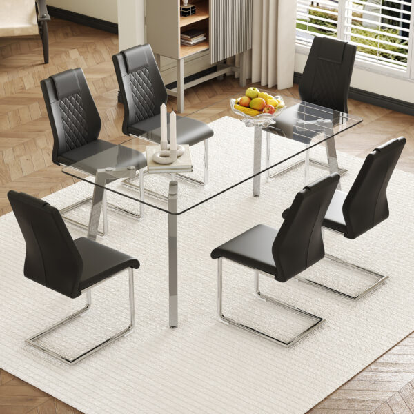 91a81b6d680148609e3c3071c454ae9e_5f22ef4df0c22b53e528b34fc18038fb Table and chair set.71 * 35.4 inch rectangular dining table.Tempered Glass Tabletop,Silver 7-shaped Metal Table Legs.Paried With 6 Black High-quality PU Chairs With Arched Metal Legs.