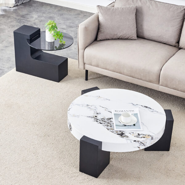 91b0f1f9691040fc80fdfcd7d367b48a_b7e1d81451029c95c289978b9655abfd Modern Simple Double-Layer Round Coffee Table - Transparent Gray Glass Top with Black MDF L-Shaped Legs.The detachable design can make the use of space more flexible.