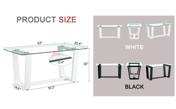 91c4d5620c254ea6b8715fd049292e7b_20230914_a1d1f8a8ef5fca7dd6bfcb066f6521fc Glass Dining Table Large Modern Minimalist Rectangular for 6-8 with 0.4" Tempered Glass Tabletop and white MDF Trapezoid Bracket,For Kitchen Dining Living Meeting Room Banquet Hall F-1550 W1151S00323