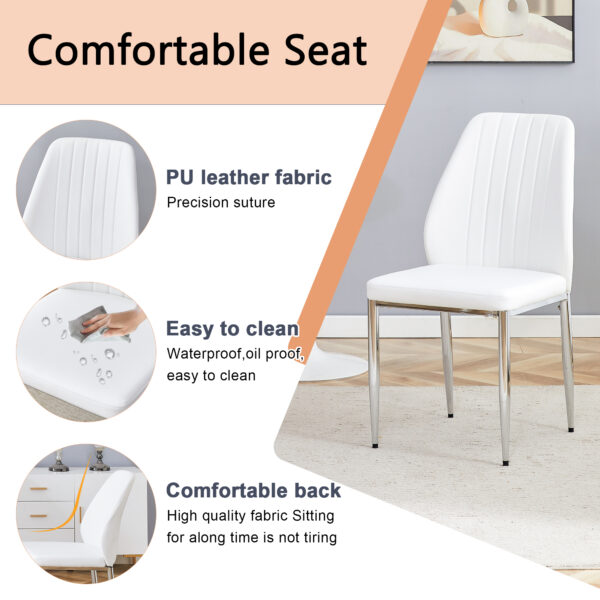 921abc5c52764680981c6a393def8c0d_f489610c5eb39826ef4fe797219b12b8 Table and chair set.Modern circular transparent tempered glass table, tempered glass tabletop, silver metal table legs.A Set of 4 White PU Comfort Dining Chairs with extended backrest.