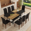 Table and chair set.71*35.4 inch Wooden And Black Spliced Dining Table With Storage Function In The Middle Of The Table Legs.Paired With 8 Black PU Dining Chairs, Simple And Versatile.