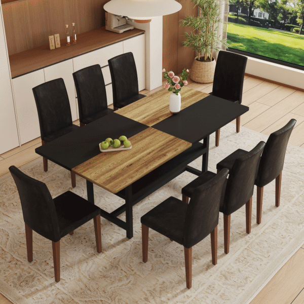 Table and chair set.71*35.4 inch Wooden And Black Spliced Dining Table With Storage Function In The Middle Of The Table Legs.Paired With 8 Black PU Dining Chairs, Simple And Versatile.
