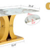 A modern minimalist dining table. Imitation marbled glass tabletop. Gold MDF table legs for kitchen and living room