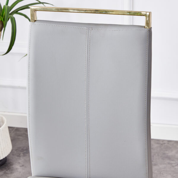 Table and chair set.71"x35.4"x30" Luxurious Pandora Patterned Glass Dining Tabletop with Golden Back To Back C-Shaped MDF Legs.Paried With 8 Light Gray PU Chairs with golden C-tube metal leg.