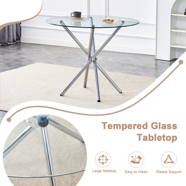 923c5d3738f14e7bbee6a5d15c7d436d_8a367e15f81428d6c38e17704b47b1e6 Table and chair set.36.6"Round clear glass dining table with a unique shape with ring-shaped gathered silver metal legs.Paired with 4 Dark gray high-quality PU dining chairs with silver metal legs.
