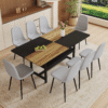 Table and chair set.71*35.4 inch Wooden And Black Spliced Dining Table With Storage Function In The Middle Of The Table Legs.Paired With 8 Light Gray Linen Fabric Chairs.