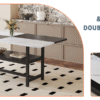 Table and chair set.71*35.4 inch White And Black Spliced Dining Table With Storage Function In The Middle Of The Table Legs.Paired With 8 Light Gray Linen-Cotton Dining Chairs, Simple And Versatile.