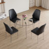 Table and chair set.Modern circular transparent tempered glass table, tempered glass tabletop, silver metal table legs.A Set of 4 Black PU Comfort Dining Chairs with extended backrest.