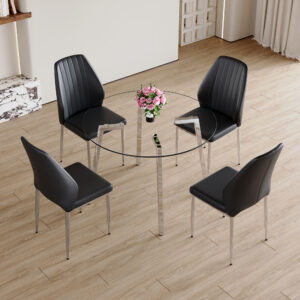Table and chair set.Modern circular transparent tempered glass table, tempered glass tabletop, silver metal table legs.A Set of 4 Black PU Comfort Dining Chairs with extended backrest.