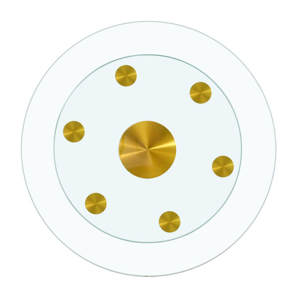 926df22d724944249b6e2fc8bb9aef80_56d3d1d0f19742ce00fd3144591dd54a Double layer rotatable round glass.Golden aluminum plate,The rotatable design makes it convenient to retrieve and place items.The upper glass has a diameter of 20 inches,the lower glass15 inches.