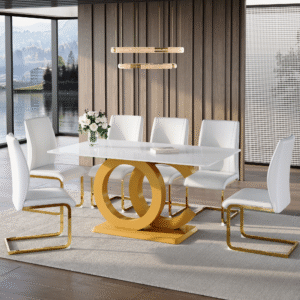 Table and chair set.Subtle Luxury Tempered Glass Dining Set - 63"x35.4" with 6 White PU Material High Resilience Dining Chairs.Arched Metal Gold Leg.White imitation marble texture sticker Tabletop.
