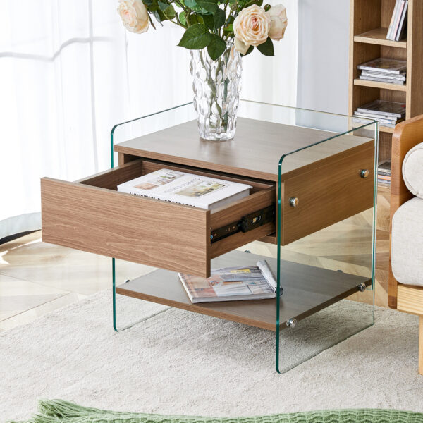 9288bdbc6ca24e38bf5c38747a1fcb56_8d6f3a9a63b5e0762a8935c5c0f8a3e5 Bedside table with drawers. The board surface is MDF sticker, and both sides are transparent tempered glass. The design is simple and elegant, with excellent storage functions.