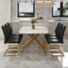 Table and chair set, large modern minimalist rectangular dining table, 0.39-inch imitation marble tabletop and golden metal legs, soft leather seats. F-1537