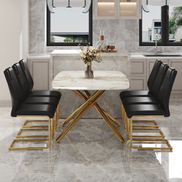 928ee561dbd443e98f18572a38e45002_040aa061dc0f2d0b113a92803844586f Table and chair set, large modern minimalist rectangular dining table, 0.39-inch imitation marble tabletop and golden metal legs, soft leather seats. F-1537