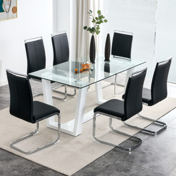 Glass Dining Table Large Modern Minimalist Rectangular for 6-8 with 0.4" Tempered Glass Tabletop and white MDF Trapezoid Bracket,For Kitchen Dining Living Meeting Room Banquet Hall F-1550