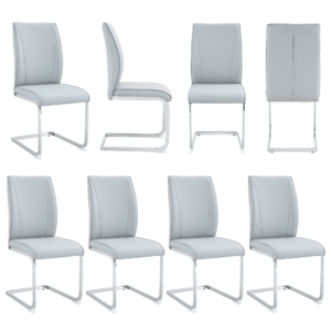 Luxury Simple Arch Chair - Set of 8 Light Gray PU Material High Resilience Dining Chair with Arched Metal Silver Leg.Packed In Two Boxes.