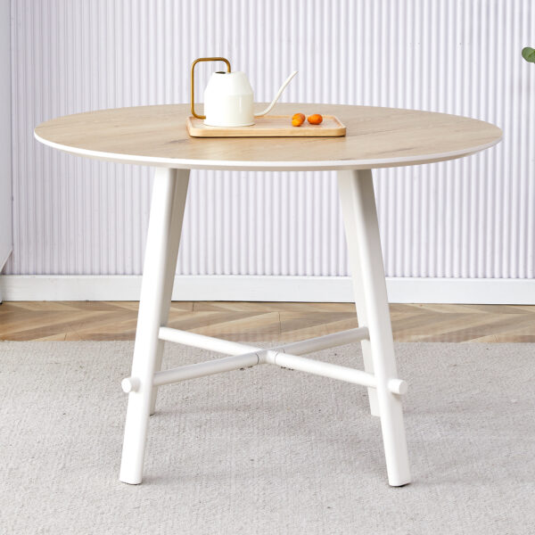92aee39139b342599075392307189a16_786b77e938d4ee2d36e5c659ba80a9cc A modern and minimalist circular dining table with a 42 inch diameter wood colorer patterned tabletop and white metal legs. Suitable for restaurants, living rooms, and conference rooms.