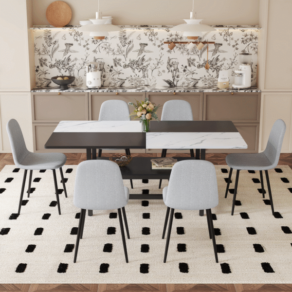 Table and chair set.71*35.4 inch White And Black Spliced Dining Table With Storage Function In The Middle Of The Table Legs.Paired With 6 Light Gray Linen Fabric Chairs.