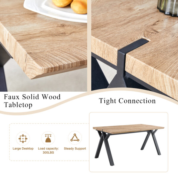 92cf955f6d604cbd911bddebb38b272e_62685349b000db13529cfcb557fe5d51 Table and chair set.63"x35.4" Wood-Textured MDF Dining Table with Black A-Frame Legs.Paired with 4 Brown Technology Fabric Round Corner Dining Chair.Density Board Sticker,Iron Pipe Spraying,