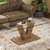A modern minimalist style coffee table. Transparent tempered glass tabletop with wooden MDF columns. Suitable for living room and dining room.  CT-V