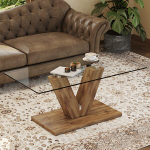 A modern minimalist style coffee table. Transparent tempered glass tabletop with wooden MDF columns. Suitable for living room and dining room.  CT-V