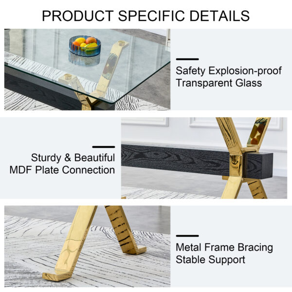 92ef3efe75b046c991ef8e428da016e9_77362e59ee10c69eca84e88efdffc8ae Dining table. Modern tempered glass dining table. Large modern office desk with gold metal legs and MDF crossbars, suitable for home and office use. Kitchen .71 ''x35.4''x30 '' 1105