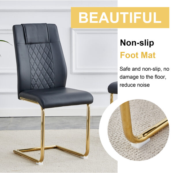 92f863eb827d4420b395a86d54838dc7_0404a754285b690c0dbc9b96f83e36ca Table and chair set.63"x31.5x30" Luxurious Pandora patterned Sintered Stone Tabletop with Golden Stainless Steel Butterfly Legs.Paried With 4 Black High-quality PU Chairs With Arched Metal Legs.