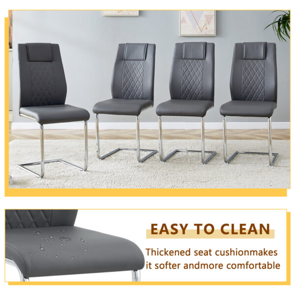 92fb753f49314d318a9d4c0d910ae628_a85c17cc2e093e214c60f42f915f3985 Table and chair set.71 * 35.4 inch rectangular dining table.Tempered Glass Tabletop,Silver 7-shaped Metal Table Legs.Paried With 8 Dark Gray High-quality PU Chairs With Arched Metal Legs.