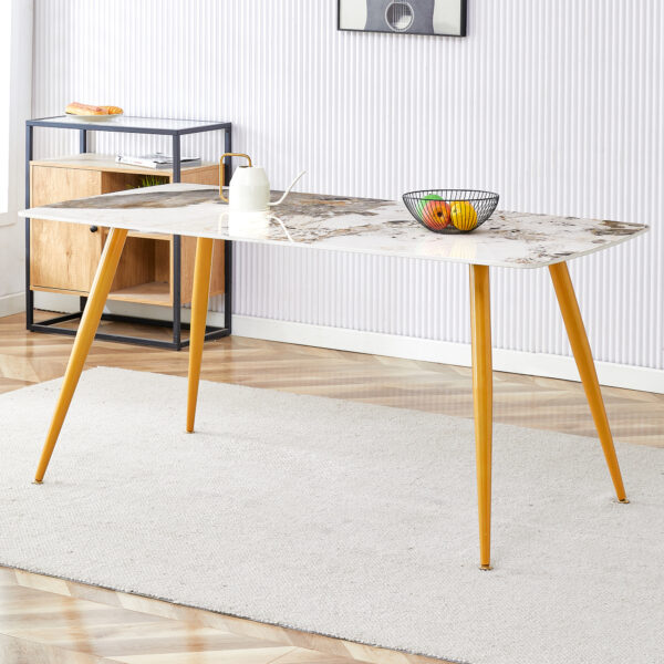 93114cf7d82f406f8c3bd774512738ed_36d3a58418024792b71305ab50551224 Modern minimalist dining table. White imitation marble pattern SINTERED STONE desktop with golden metal legs.62.2"*34.6"*30" F-001