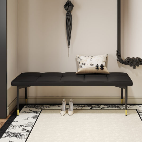 931a5c7a6e794fa987ea873bafd3757a_a1a9385d87b99ab140c0cdda566ff660 59*17 Inch Multifunctional Black Shoe Bench - Faux PU Cushion, Sturdy Metal Legs With Gold Accents.Suitable For Bedroom,Fitting room, Storage room, Dining room, and Living room,etc.