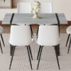 Table and chair set. Modern minimalist grey marble textured MDF dining table with metal frame. Comes with 6 chairs with PU cushions and black metal legs.