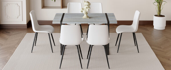 932c50af80674f558e0e1963857c82b3_985baf3f4079f4cca59e4adebc5c29a4 Table and chair set. Modern minimalist grey marble textured MDF dining table with metal frame. Comes with 6 chairs with PU cushions and black metal legs.
