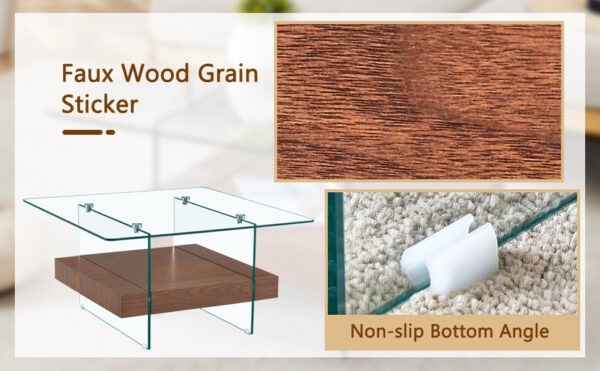 93401e75768b453493721a007a7bde1b_bcee4a3d9826403c903effbe31fe044c 31.4 Inch Modern Two-Tier Square Coffee Table - An Elegant Combination of Clear Glass and Dark Wood Texture Sticker It can be used not only as a coffee table but also as a side table or display stand.