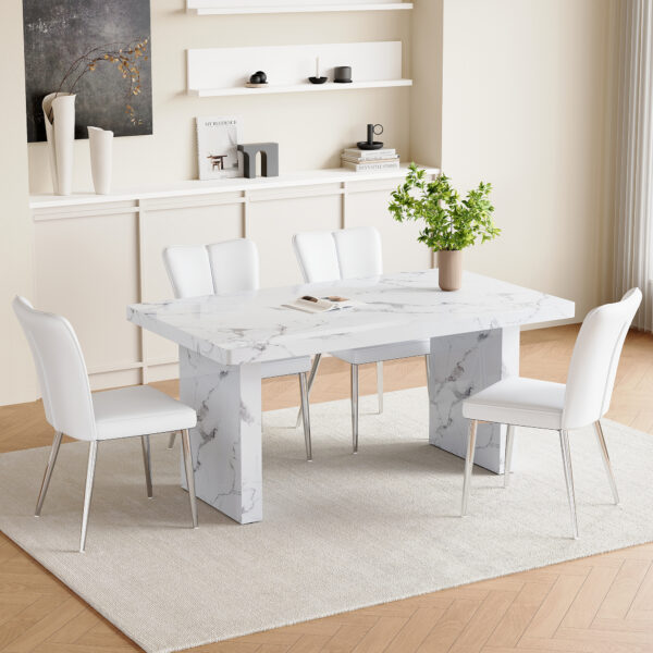 934ca825de994e6882ea2f01abac93d0_847fd4612f1dc8da2931469d0d078fbc Table and chair set.63"*35.4" White Imitation Marble Pattern MDF Dining Table Set - 4 White PU Chairs with a vertical stripe design on the backrest.Create Your Exclusive Low-Key Luxury Space.