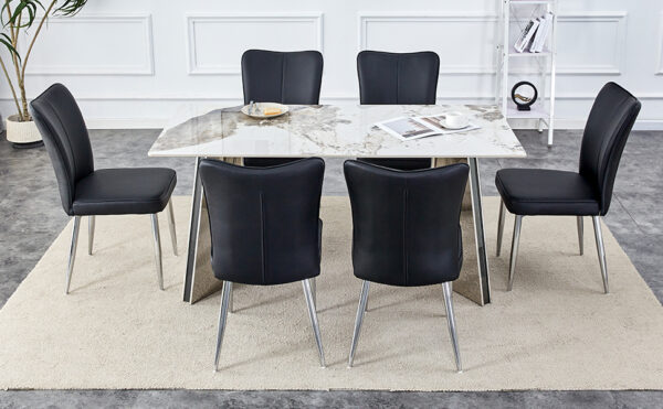 9350071a0d704e57a7e2e6ecad4a1b3e_0e7fd5240024ec4df29ec014c32650f7 Table and chair set.63"x31.5x30" Luxurious Pandora patterned Sintered Stone Tabletop with Silver Stainless Steel Legs.Paried With 6 Black PU Chairs with a vertical stripe design on the backrest.
