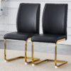 Luxury Simple Arch Chair - Set of 2 BLACK PU Material High Resilience Dining Chair with Arched Metal Gold Leg.