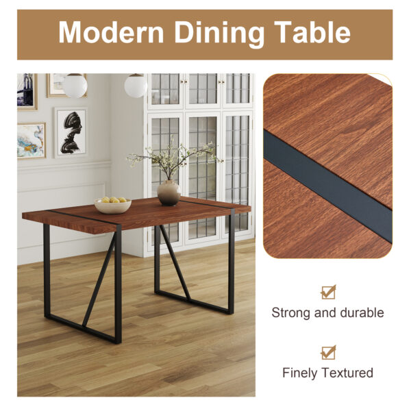 93b3041e61a54fc7bdfba2577fa9d7dc_7542e15fec0bcd008841b67cae0b6ee0 Industrial Rectangular MDF Walnut Color Wood Grain Dining Table for 4-6 people with 1.5 inch thick MDF top and black metal legs for desks, kitchens, patios, dining rooms.