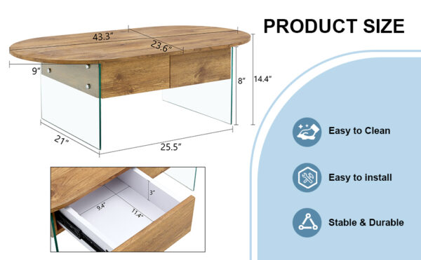 93ec9ea2ff0449f1953bddd78ce7451c_07415f981356833cfede2411b62ef7fa Coffee table with double drawers. The board surface is MDF sticker, and both sides are transparent tempered glass. The design is simple and elegant, with excellent storage functions.
