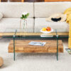 43.3 Inch Modern Two-Tier Coffee Table - Clear Tempered Glass and Natural Wood Grain, Multifunctional Storage Design.The bottom tier includes a drawer.Can be used as a coffee table,side table,etc.