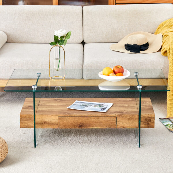 93edbd36186f431d9bc04e9cdbf4d094_a9aa2e9c2b3d7372dc8cef42d44dbeb7 43.3 Inch Modern Two-Tier Coffee Table - Clear Tempered Glass and Natural Wood Grain, Multifunctional Storage Design.The bottom tier includes a drawer.Can be used as a coffee table,side table,etc.
