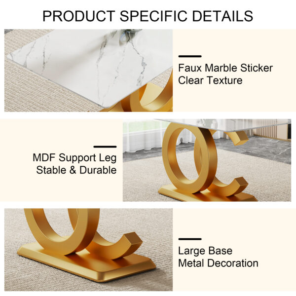 A large modern minimalist rectangular dining table suitable for 6-8 people, equipped with gold MDF OC shaped brackets and aureate base, suitable for kitchen, living room, dining room F-OC