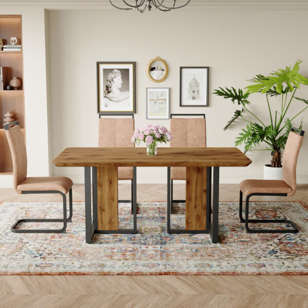 94415298ae0f487da795ec90a84faee0_09ae78d1e07faf7666aa26423435a225 Table and chair set.67"x36" Wood-Textured MDF Dining Table Set with 4 Brown Fabric Chairs.MDF sticker,Wood colored texture sticker,Black C-tube dining chair legs,Suitable for kitchen,Dining room,etc.