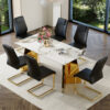 Table and chair set.63"x31.5x30" Luxurious Pandora patterned Sintered Stone Tabletop with Golden Stainless Steel Butterfly Legs.Paried With 6 Black High-quality PU Chairs With Arched Metal Legs.