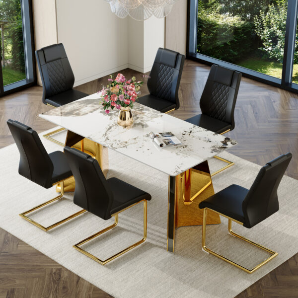 945d023afa0c47b79fe5f95896c198f1_93fe451c8fcf99d1e37fabefe1660e9e Table and chair set.63"x31.5x30" Luxurious Pandora patterned Sintered Stone Tabletop with Golden Stainless Steel Butterfly Legs.Paried With 6 Black High-quality PU Chairs With Arched Metal Legs.