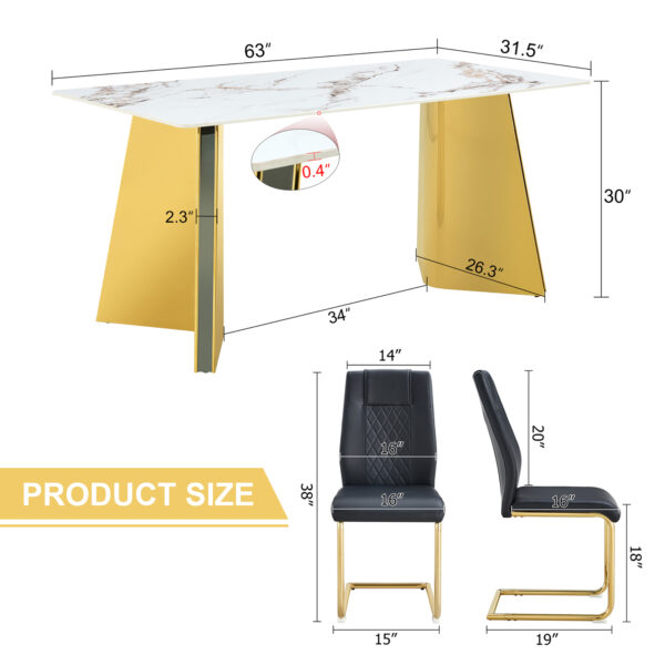 94672f1fa29f4e30a050a4dc6159b8ca_a58844bea791d1f985f3f60da4340ab3 Table and chair set.63"x31.5x30" Luxurious Cold Jade Patterned Sintered Stone Dining Table with Golden Stainless Steel Butterfly Legs.Paried With 4 Black High-quality PU Chairs With Arched Metal Legs.