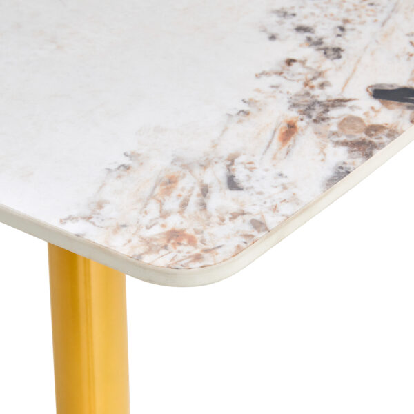947e3df853a44da490092f66ca394f9e_9c97b28da51ad04a8e823223fd349501 Modern minimalist dining table. White imitation marble pattern SINTERED STONE desktop with golden metal legs.62.2"*34.6"*30" F-001
